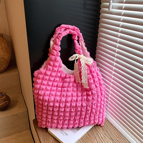 Bolso Tote para Mujer Textura Popcorn Gran Capacidad Plisado Tela Bubble Bolso de Hombro Con Lazo de Encaje Bolso Casual