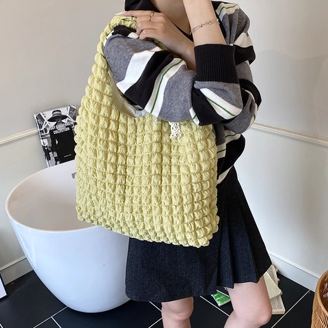 Bolso Tote para Mujer Textura Popcorn Gran Capacidad Plisado Tela Bubble Bolso de Hombro Con Lazo de Encaje Bolso Casual