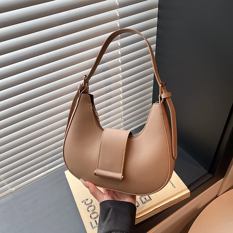 PU Leather Hobo Bag Minimalist Crescent Underarm Shoulder Bag With Adjustable Strap Solid Color