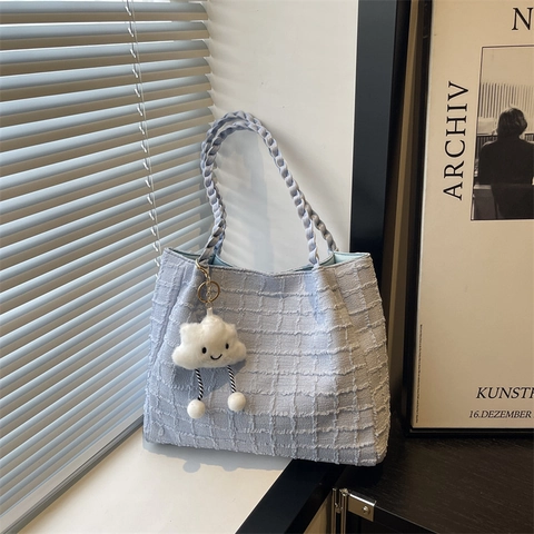 Borsa Tote a Nido d'Ape di Grande Capacità per Donna Moda Borsa a Tracolla in Tessuto Strutturato Con Simpatico Charm in Peluche a Nuvola Manico Intrecciato