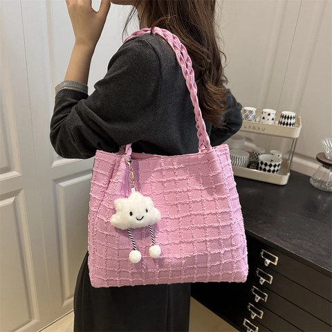 Borsa Tote a Nido d'Ape di Grande Capacità per Donna Moda Borsa a Tracolla in Tessuto Strutturato Con Simpatico Charm in Peluche a Nuvola Manico Intrecciato