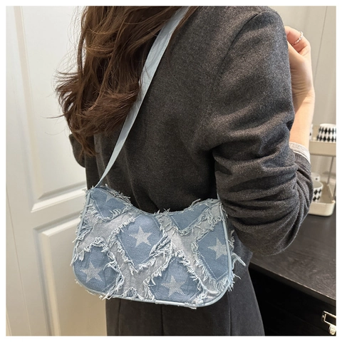 Bolso de Hombro de Denim para Mujer Elegante Bordes Deshilachados Patrón Estrella Tablero de Ajedrez Casual Y2K Bolso de Axila Retro Bandolera