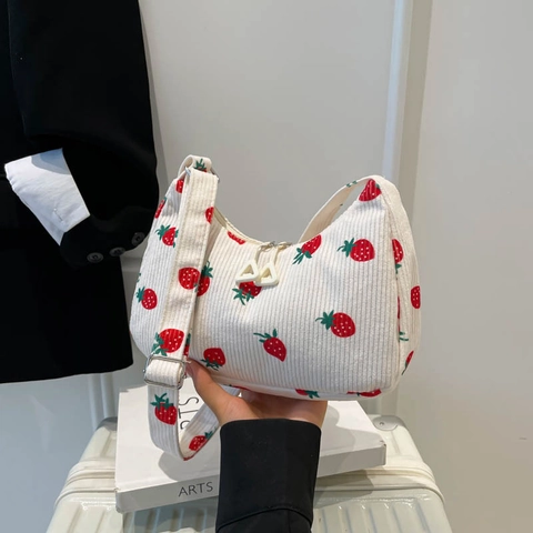 Women Corduroy Floral Underarm Bag Cute Cherry Strawberry Print Shoulder Bag Fashion Korean Style Niche Design Crossbody Bag
