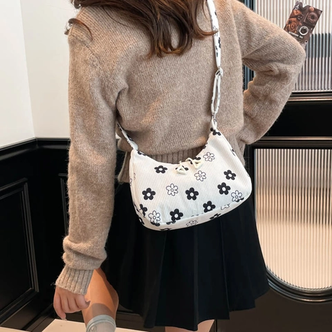 Bolso Dumpling de Pana Estampado Vintage Mujer Dulce Floral Fresa Lazo Patrón Hombro Bandolera Media Luna Bolso Hobo
