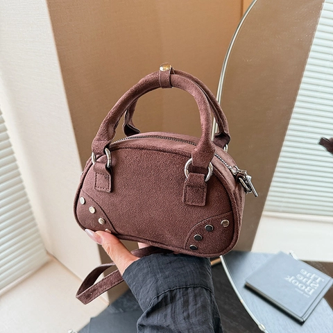 Vintage Faux Suede Studded Boston Handbag For Women Rivet Crossbody Bag Minimalist Zip Top Handle Shoulder Bag Every Day Use