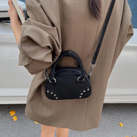Vintage Faux Suede Studded Boston Handbag For Women Rivet Crossbody Bag Minimalist Zip Top Handle Shoulder Bag Every Day Use