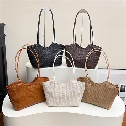 Bolso Tote Tejido Vintage Francés para Mujer Gran Capacidad de Cuero PU Bolso de Hombro Minimalista Moda Urbana
