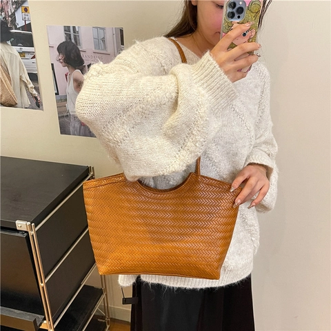 Bolso Tote Tejido Vintage Francés para Mujer Gran Capacidad de Cuero PU Bolso de Hombro Minimalista Moda Urbana