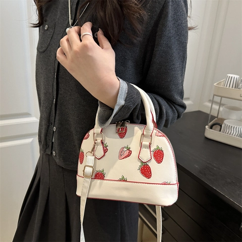 Women Strawberry Print Crossbody Bag PU Leather Shell Handbag Contrast Color Shoulder Purse Sweet Dome Shape Daily Carry