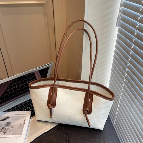 Women Minimalist Tote Bag Retro Large Capacity PU Suede Texture Shoulder Handbag Simple Commute Fashion Bags Solid Color