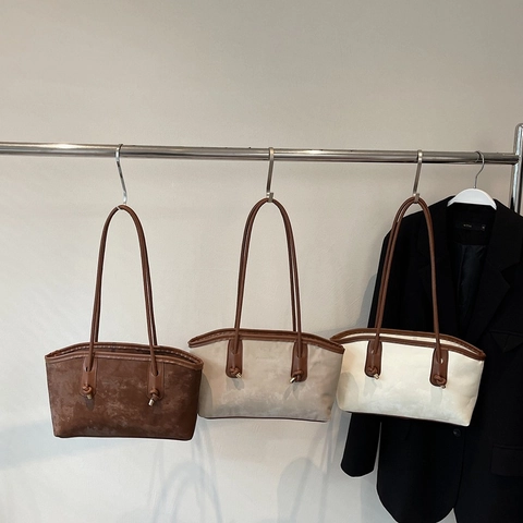 Women Minimalist Tote Bag Retro Large Capacity PU Suede Texture Shoulder Handbag Simple Commute Fashion Bags Solid Color