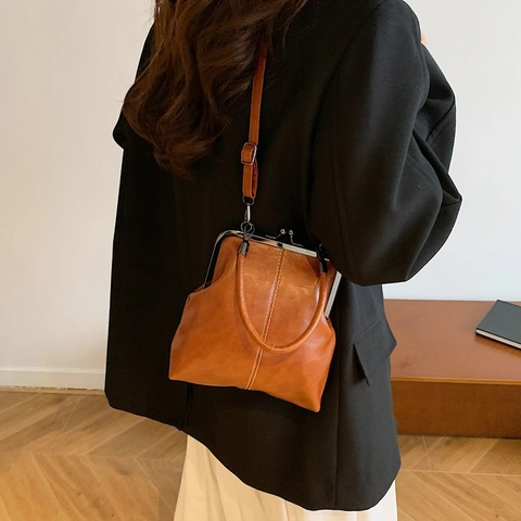 Sac Docteur Vintage en Cuir PU Avec Fermoir Kiss-lock Surpiqûres Contrastées Bandoulière Réglable Pour Femme Sac à Main Rétro