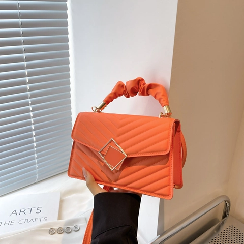 Women Elegant Quilted Crossbody Bag PU Leather Chevron Handbag With Pleated Handle Geometric Square Buckle Daily Bag