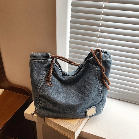 Große Kapazität Gewaschen Denim Tote Bag Damen Vintage Hobo Umhängetasche Mit Geflochtenem Seil Riemen Studenten Schule Handtasche
