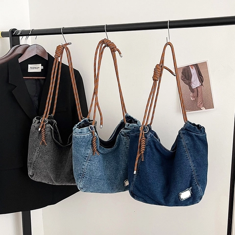 Große Kapazität Gewaschen Denim Tote Bag Damen Vintage Hobo Umhängetasche Mit Geflochtenem Seil Riemen Studenten Schule Handtasche