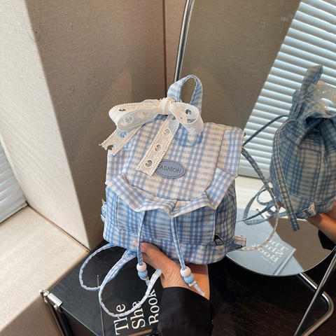 Blau Weiß Gingham Mini Rucksack Für Damen Süße Spitze Schleife Rüschen Kordelzug Mode Student Schultasche Lässiger Tagesrucksack