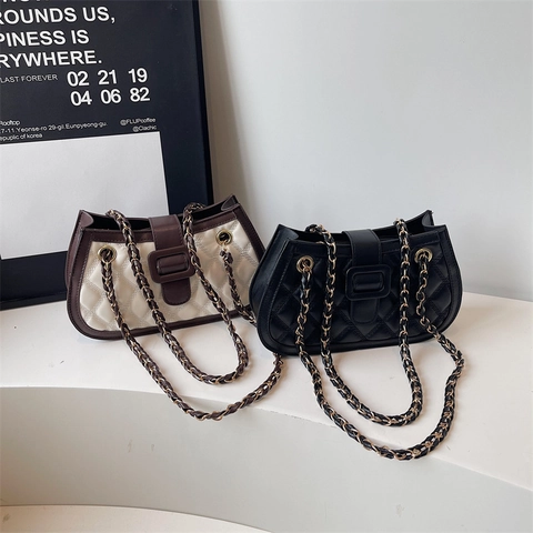 Women's Retro Quilted PU Leather Chain Shoulder Bag Trendy Elegant Square Crossbody Bag Minimalist Underarm Handbag