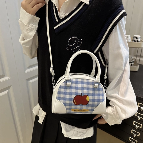 Damen Koreanischer Stil Süße Apfel Druck Karo Bowling Handtasche PU Leder Spleißen Casual Umhängetasche Klein