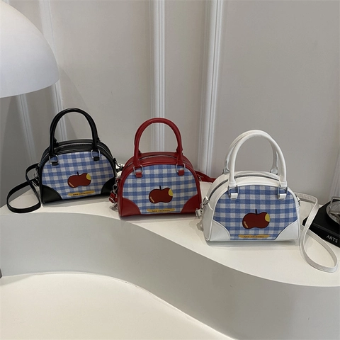 Damen Gingham Apfel Print Umhängetasche Koreanisch Süßer Stil PU Leder Patchwork Kleine Quadratische Tasche Mit Gurt