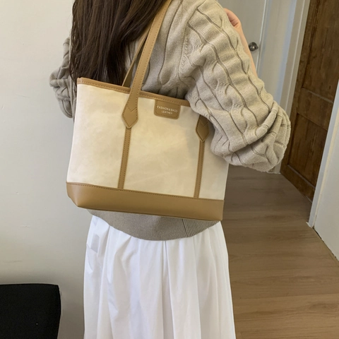 Minimalistische Retro-Tote-Bag Für Damen PU-Leder Kontrastnähte Pendler Schultertasche Umhängetasche Großes Fassungsvermögen