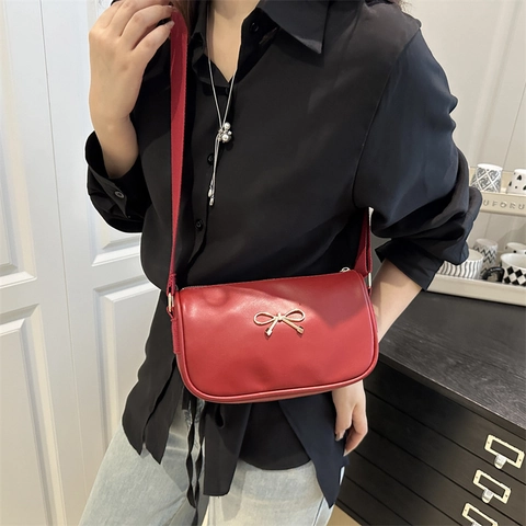 Fashion PU Leather Crossbody Bag With Gold Bow Decoration Adjustable Wide Strap Minimalist Small Square Underarm Bag