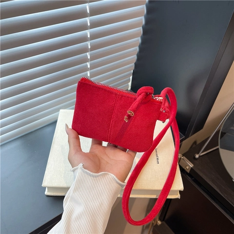 Mini Faux Suede Crossbody Bag Neck Purse For Women Minimalist Zippered Square Pouch For Lipstick And Coins