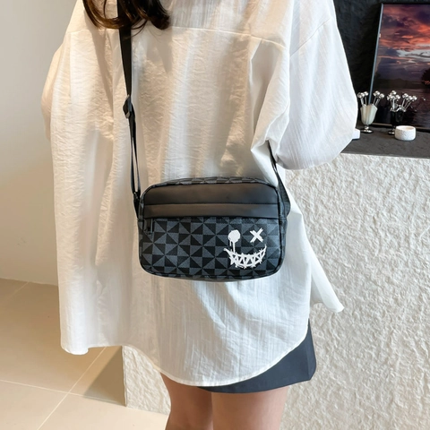 Geometric Pattern PU Leather Crossbody Bag Graffiti Smiley Print Adjustable Wide Strap Casual Streetwear Square Shoulder Bag