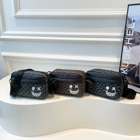 Women Fashion PU Leather Geometric Plaid Square Bag Graffiti Smile Face Street Trendy Crossbody Shoulder Mobile Phone Purse