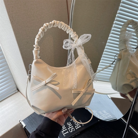 Handtasche Aus PU Leder Mit Gerafftem Griff Und Schleifen Elegant Umhängetasche Für Damen