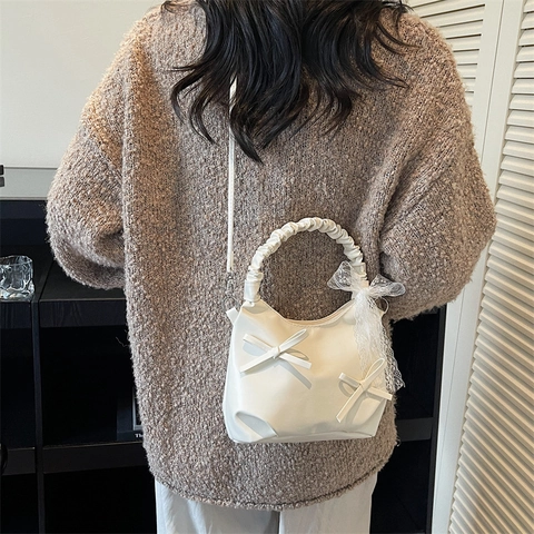 Handtasche Aus PU Leder Mit Gerafftem Griff Und Schleifen Elegant Umhängetasche Für Damen