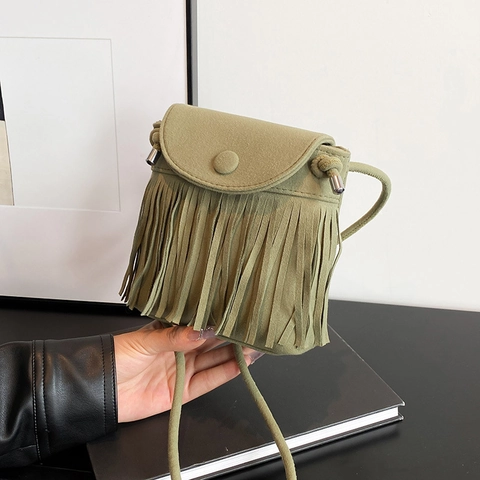 Borsa A Tracolla Con Frange Donna PU Texture Camoscio Rétro Etnica Nappa Piccola Borsa Quadrata