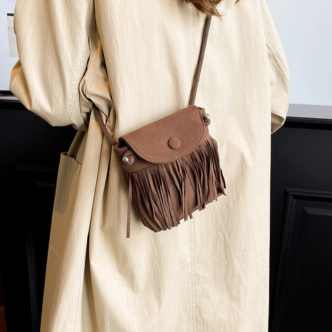 Vintage Tassel Crossbody Bag For Women Suede Frosted Leather Mini Bucket Bag Bohemian Style Fringe Shoulder Bag Casual Daily Purse