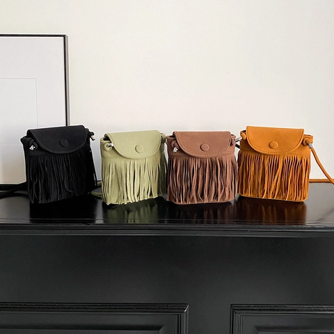 Borsa A Tracolla Con Frange Donna PU Texture Camoscio Rétro Etnica Nappa Piccola Borsa Quadrata