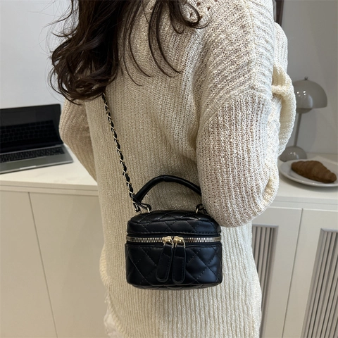 Women Fashion Quilted Lattice PU Leather Box Bag Mini Vanity Case Chain Strap Crossbody Bag Casual Small Shoulder Bag