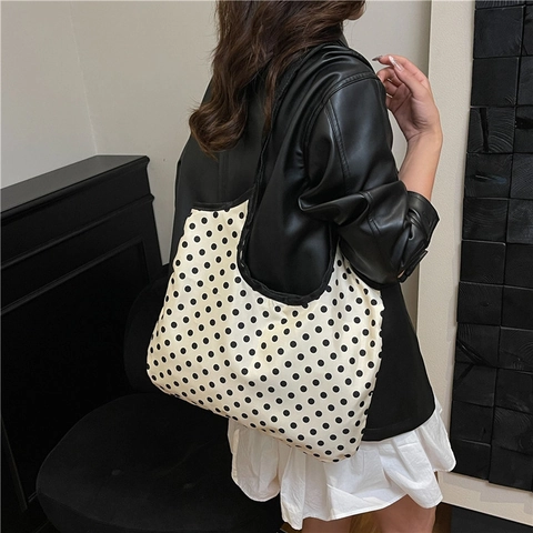 Dames Niche Design Polka Dot Tote Bag Grote Capaciteit Casual Schoudertas Koreaanse Stijl Lichtgewicht Polyester Tas