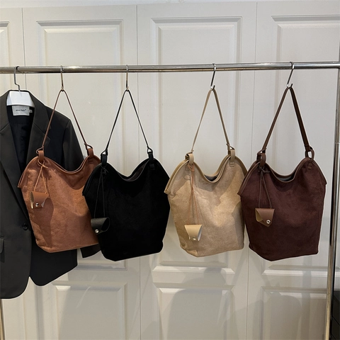 Bolso Tote de Gamuza de Gran Capacidad Vintage para Mujer Bolso de Hombro Minimalista de Color Sólido Bolso de Mano de Gamuza Sintética