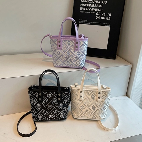 Borsa a Secchiello in PU con Ricamo Geometrico Vintage per Donna Borsa a Tracolla Piccola Borsa a Mano Moda Quotidiana