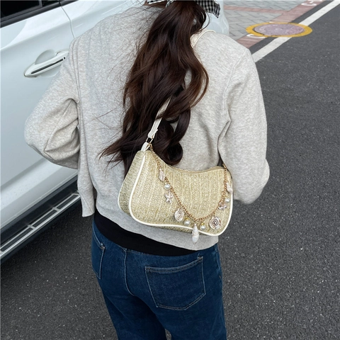 Damen Sommer Stroh Gewebte Schultertasche Künstliche Perle Muschel Seestern Anhänger Achseltasche Resort Stil Strand Mode Handtasche
