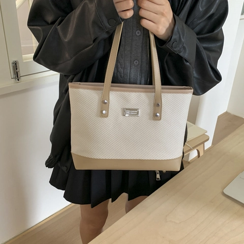 Damen Minimalistische Tote Bag Webstoff PU Leder Spleißung Große Kapazität Pendler Schultertasche Elegant Lässige Handtasche