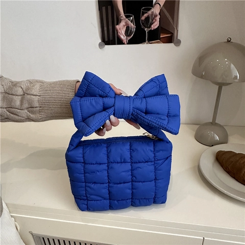 Women Chic Quilted Puffer Handbag Large Bow Handle Polyester Padded Tote Makeup Bag Square Grid Fashion Daily Bag