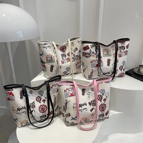 Mode Cartoon Graffiti Tragetasche Für Damen Große Kapazität Reise PU Leder Handtasche Mit Stadt Wahrzeichen Illustration Druck
