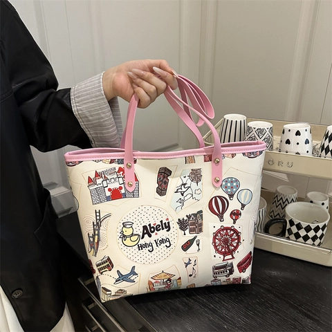 Mode Cartoon Graffiti Tragetasche Für Damen Große Kapazität Reise PU Leder Handtasche Mit Stadt Wahrzeichen Illustration Druck