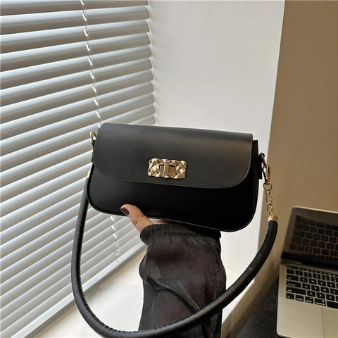 Bolso de Hombro para Mujer Cuero PU Bolso de Axila Cierre Metálico Dorado Color Sólido Retro Minimalista Bolso de Mano Diario