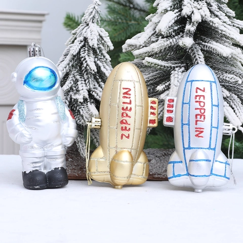 Decorazioni Natalizie Tema Spaziale Astronauta Zeppelin Astronave Decorazioni Sospese in PVC Glitterate per Albero di Natale
