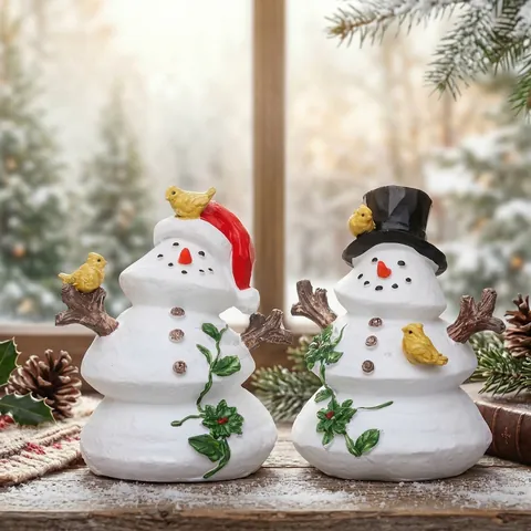 Weihnachts Schneemann Desktop Ornamente Harz Deko Mit Zweig Armen Und Gelben Vögeln Rustikale Feiertag Dekoration