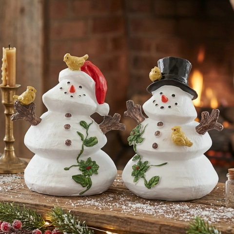 Weihnachts Schneemann Desktop Ornamente Harz Deko Mit Zweig Armen Und Gelben Vögeln Rustikale Feiertag Dekoration