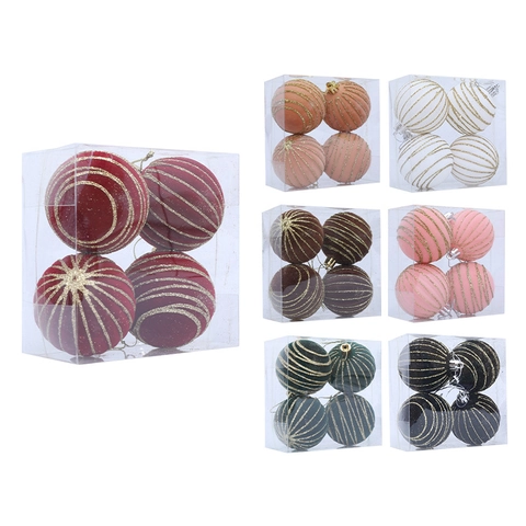 Flocked Christmas Ball Ornaments With Gold Glitter Stripes For Xmas Tree Decor Velvet Holiday Hanging Pendants Ornaments
