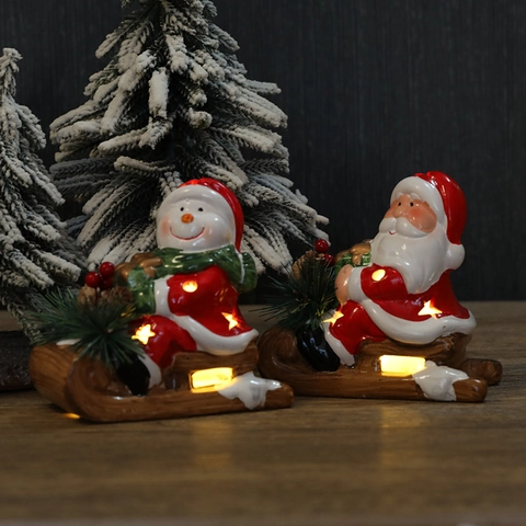 Glowing Ceramic Christmas Snowman Santa Claus Sledge Figurine With LED Light Pine Cone Decorative Holiday Home Ornament