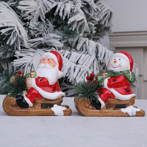 Glowing Ceramic Christmas Snowman Santa Claus Sledge Figurine With LED Light Pine Cone Decorative Holiday Home Ornament