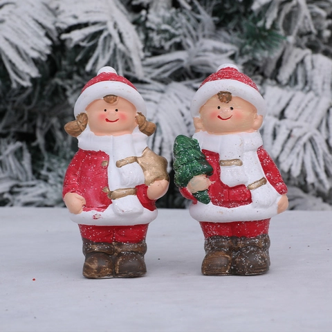 Christmas Ceramic Ornaments Boy And Girl Pair Cartoon Figurines With Snow Effect For Home Tabletop Festive Desktop Decoration